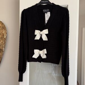 Frank Lyman Design Black Knit Cardigan with Cream Bow Accents